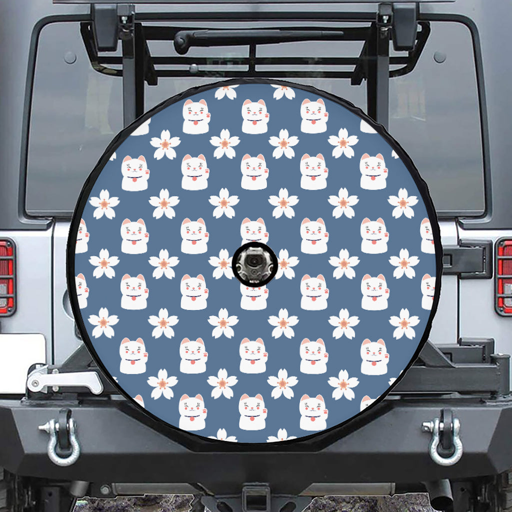 Japanese Lucky Cat And Sakura Print Tire Cover With Camera Hole