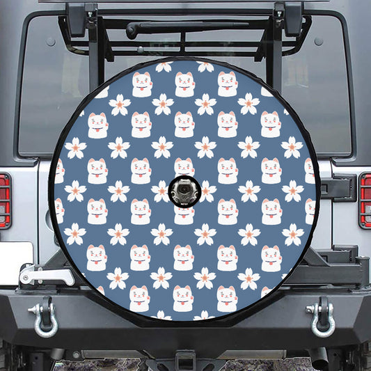 Japanese Lucky Cat And Sakura Print Tire Cover With Camera Hole