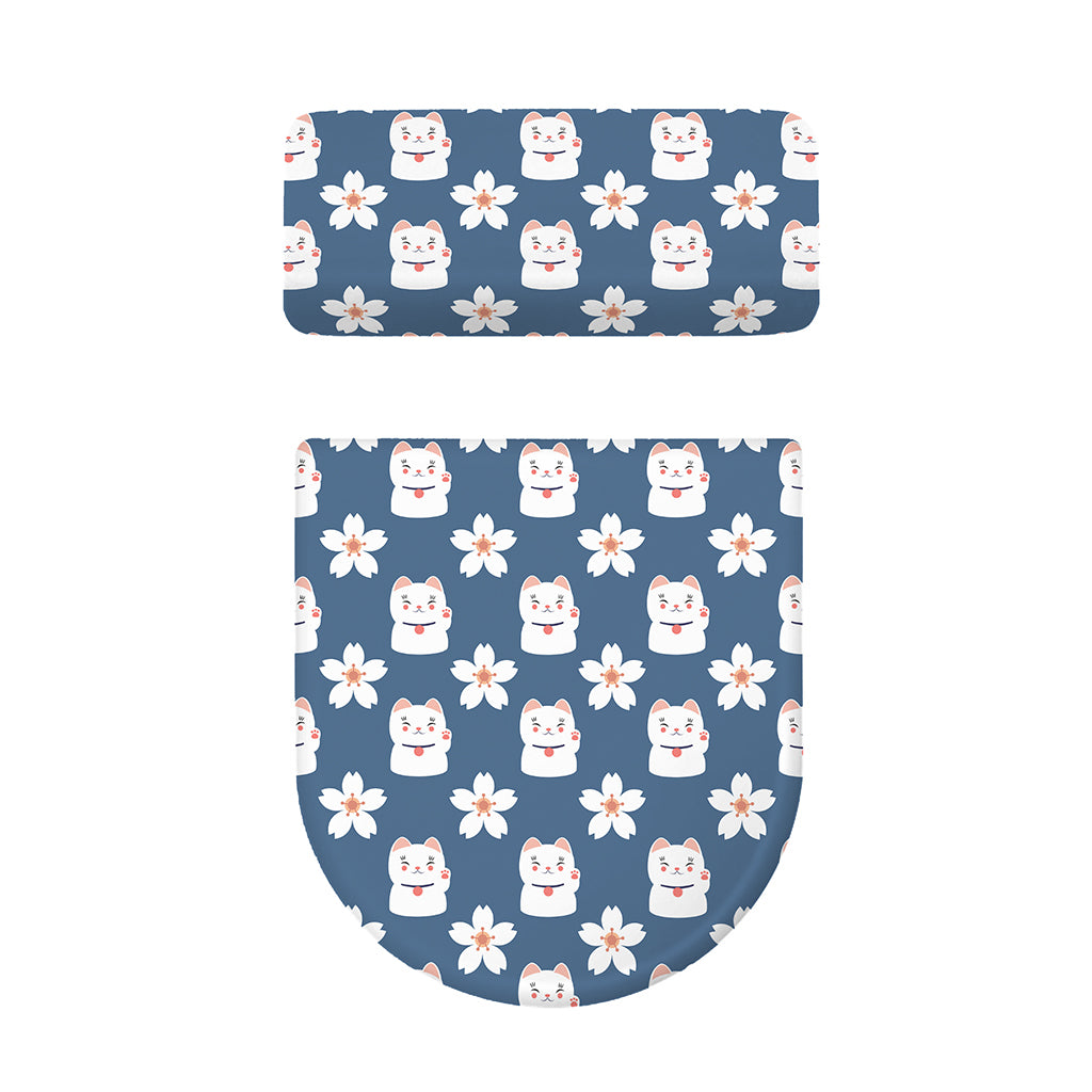 Japanese Lucky Cat And Sakura Print Toilet Lid And Tank Cover Set