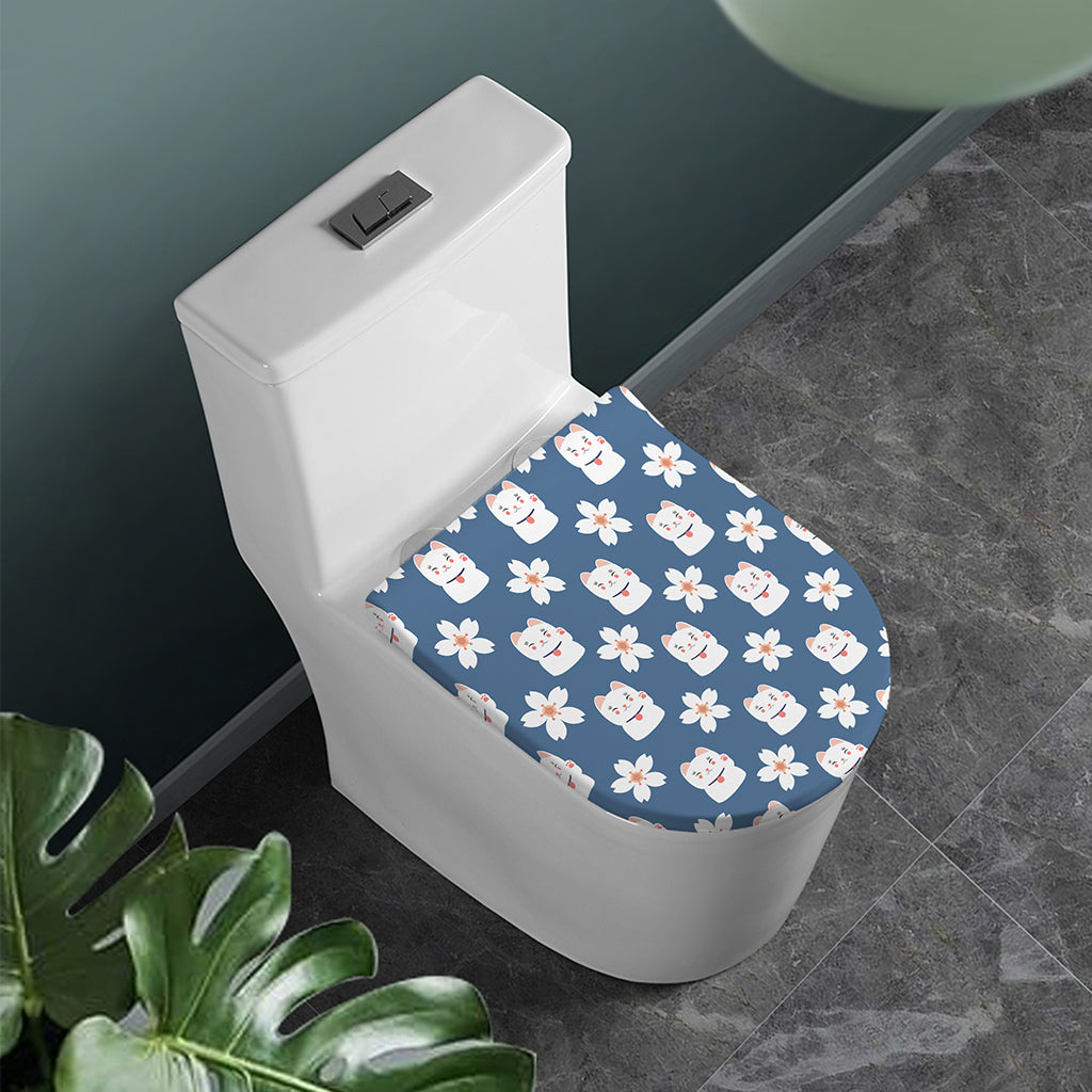 Japanese Lucky Cat And Sakura Print Toilet Lid Cover