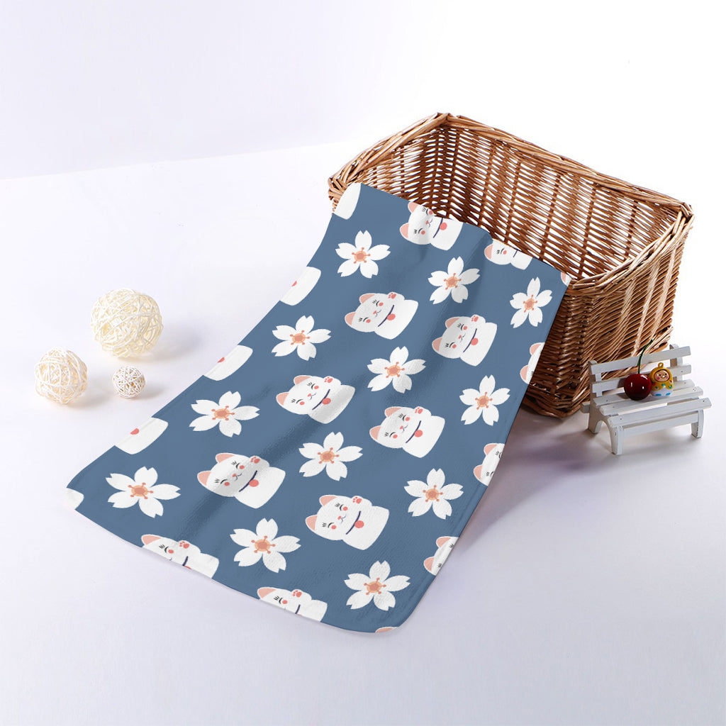 Japanese Lucky Cat And Sakura Print Towel