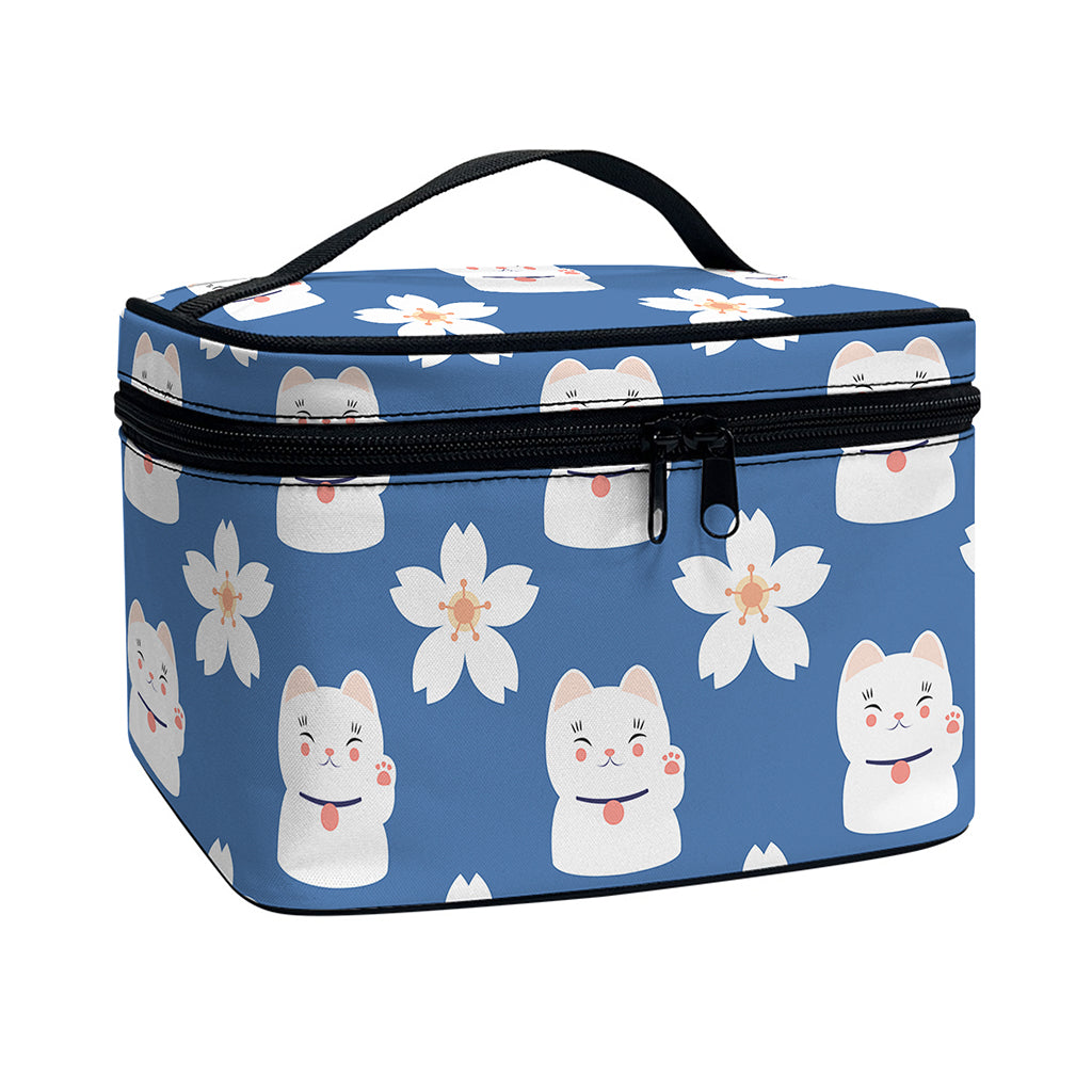 Japanese Lucky Cat And Sakura Print Travel Makeup Bag