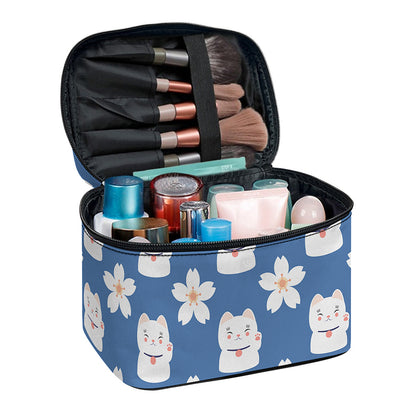 Japanese Lucky Cat And Sakura Print Travel Makeup Bag