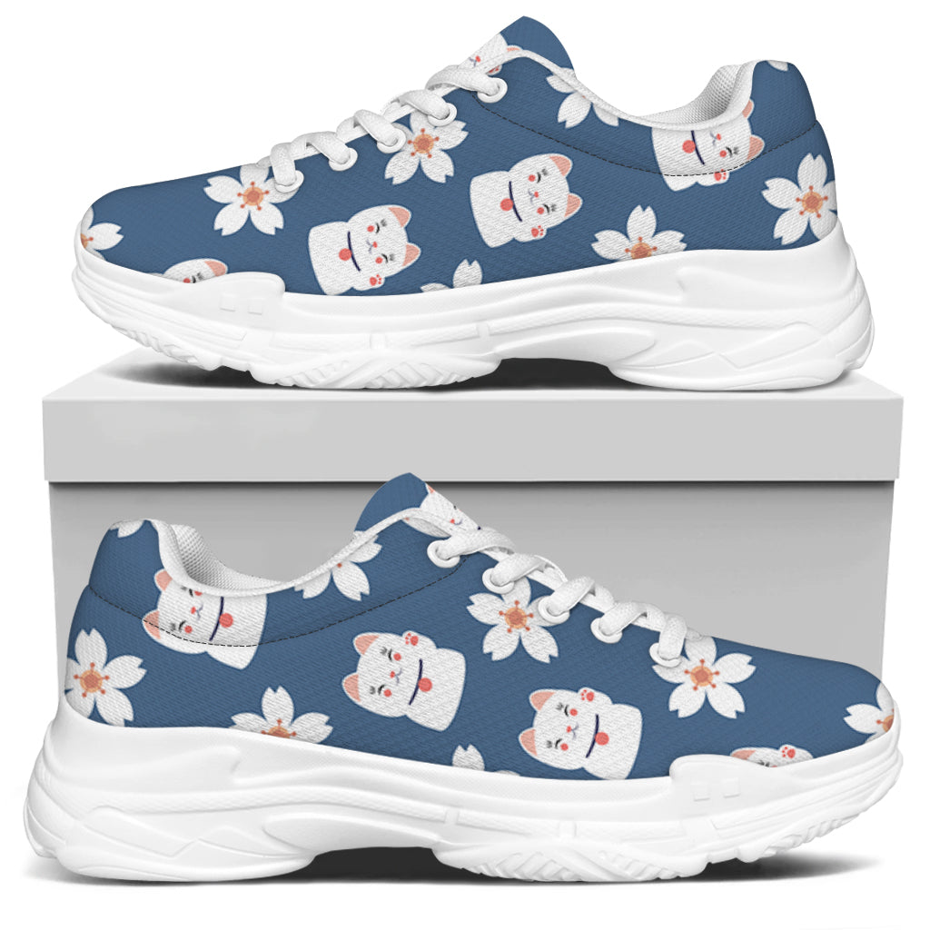 Japanese Lucky Cat And Sakura Print White Chunky Shoes