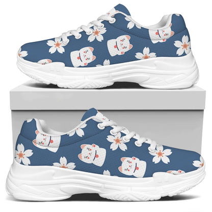 Japanese Lucky Cat And Sakura Print White Chunky Shoes