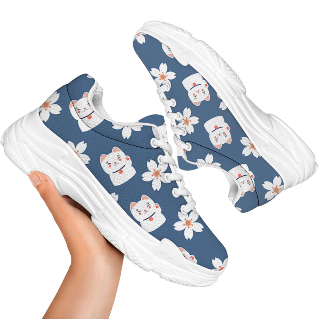 Japanese Lucky Cat And Sakura Print White Chunky Shoes