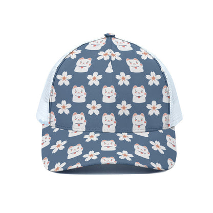 Japanese Lucky Cat And Sakura Print White Mesh Trucker Cap