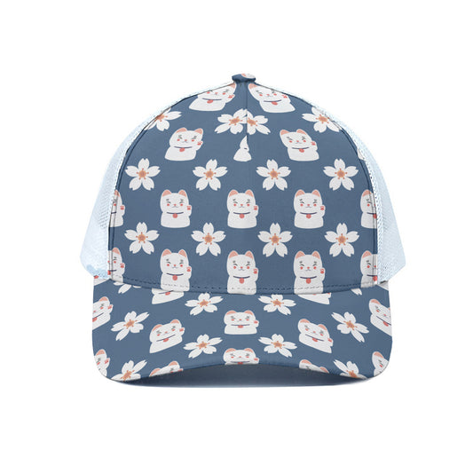 Japanese Lucky Cat And Sakura Print White Mesh Trucker Cap