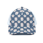 Japanese Lucky Cat And Sakura Print White Mesh Trucker Cap