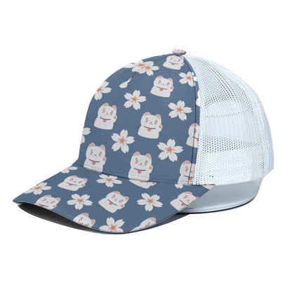 Japanese Lucky Cat And Sakura Print White Mesh Trucker Cap