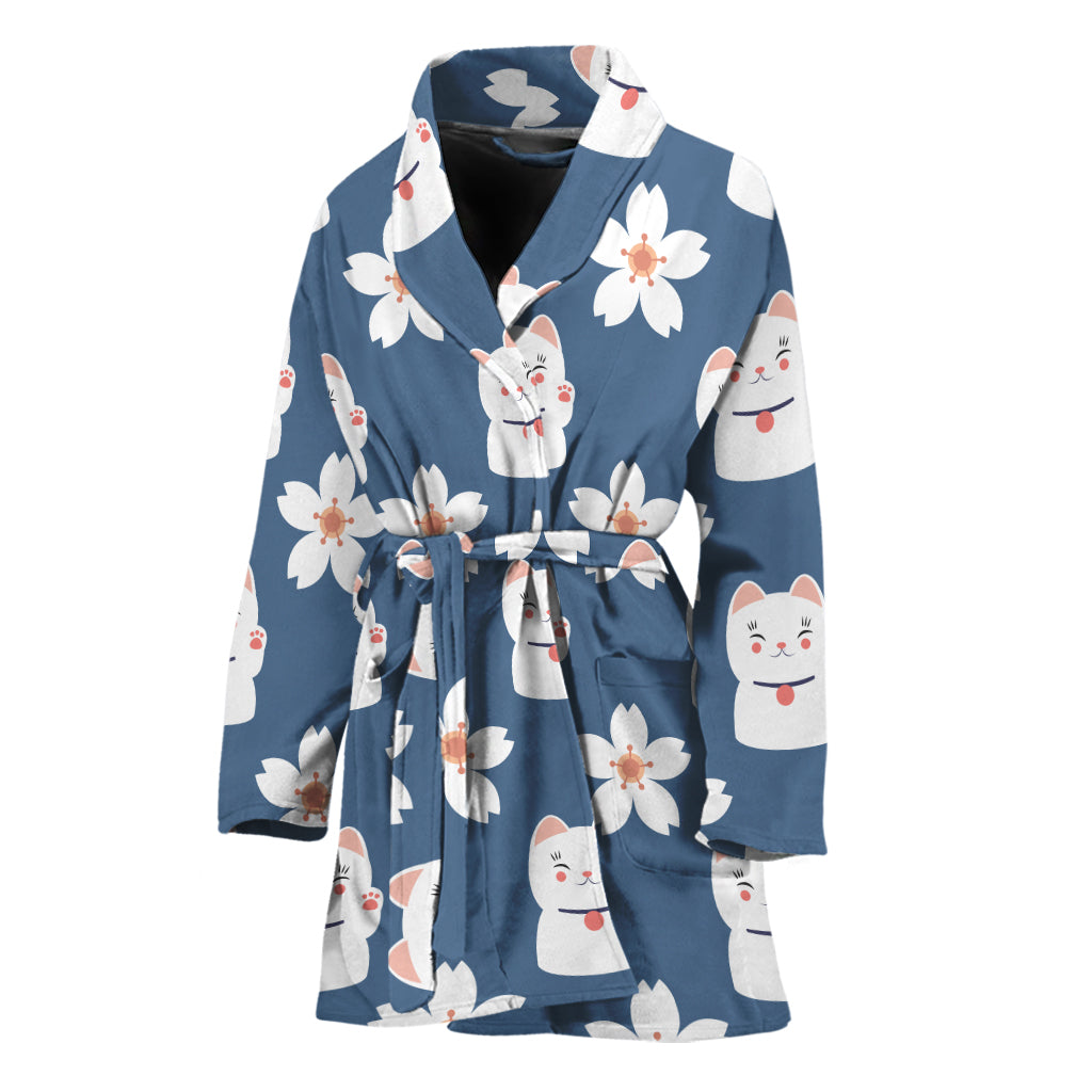Japanese Lucky Cat And Sakura Print Women's Bathrobe
