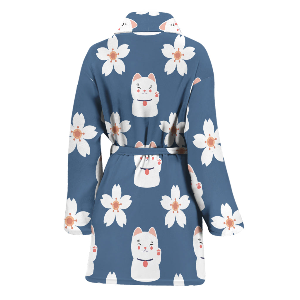 Japanese Lucky Cat And Sakura Print Women's Bathrobe