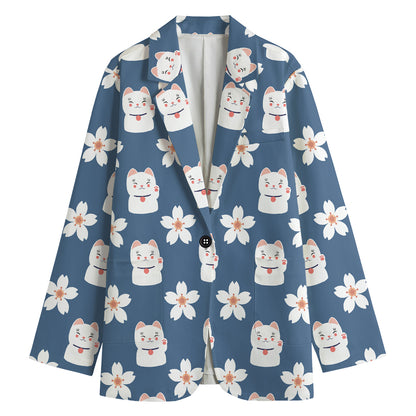 Japanese Lucky Cat And Sakura Print Women's Blazer