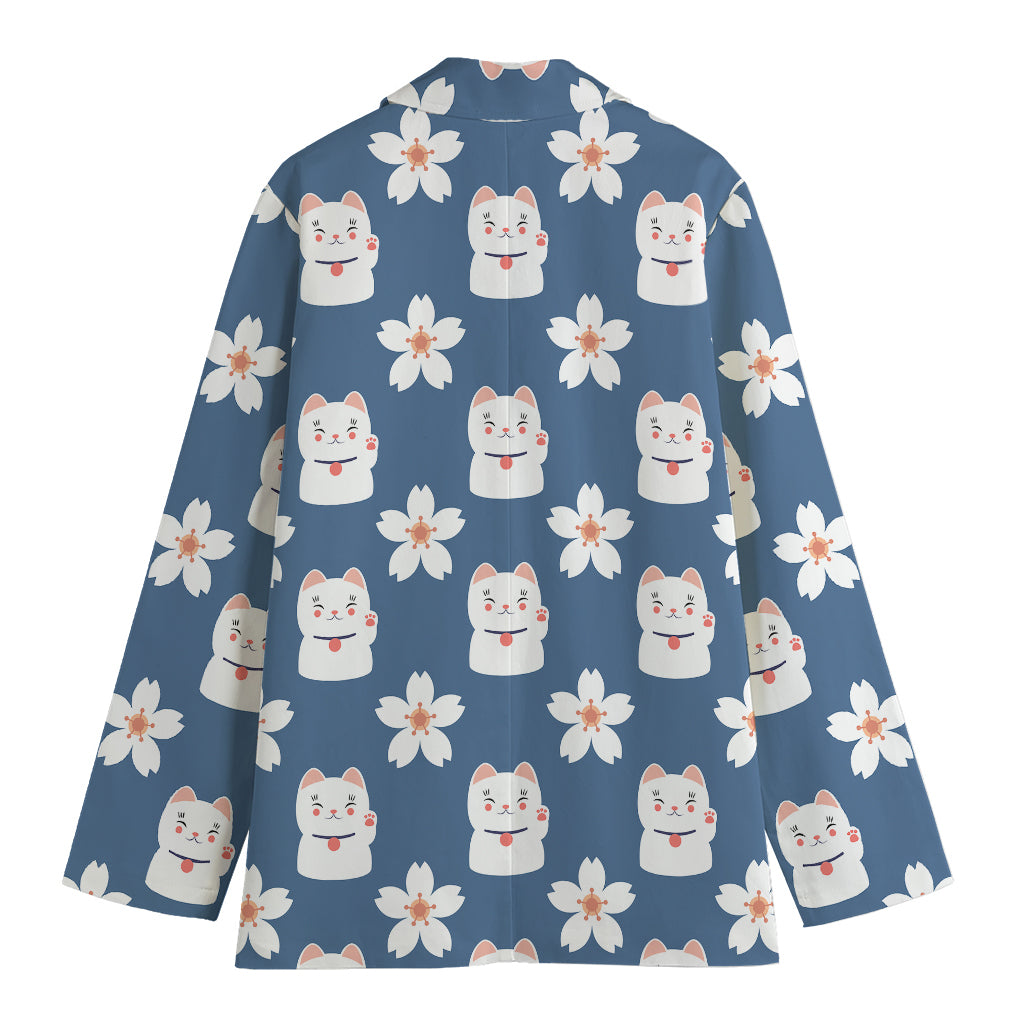 Japanese Lucky Cat And Sakura Print Women's Blazer