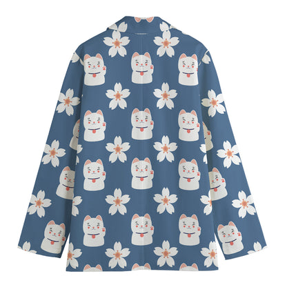 Japanese Lucky Cat And Sakura Print Women's Blazer