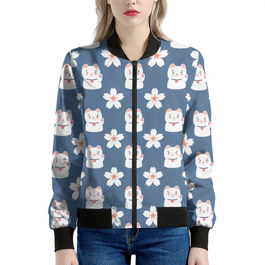 Japanese Lucky Cat And Sakura Print Women's Bomber Jacket