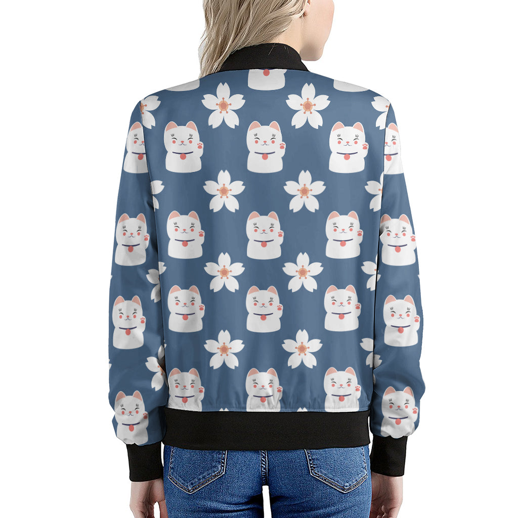 Japanese Lucky Cat And Sakura Print Women's Bomber Jacket
