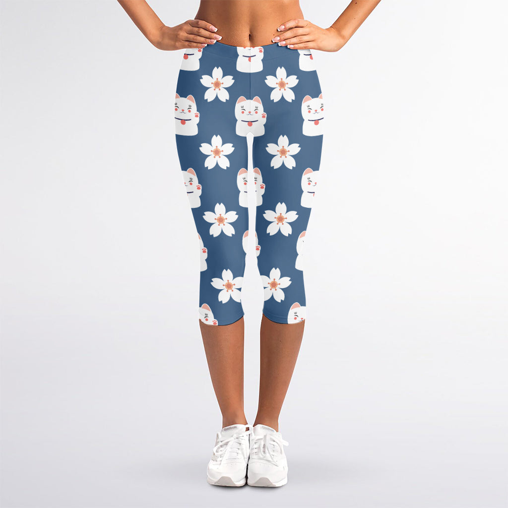 Japanese Lucky Cat And Sakura Print Women's Capri Leggings