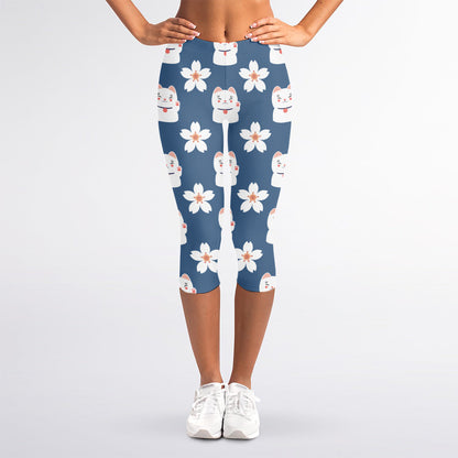 Japanese Lucky Cat And Sakura Print Women's Capri Leggings