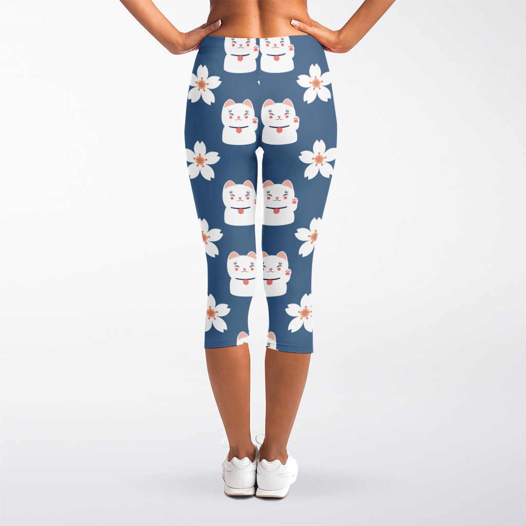 Japanese Lucky Cat And Sakura Print Women's Capri Leggings
