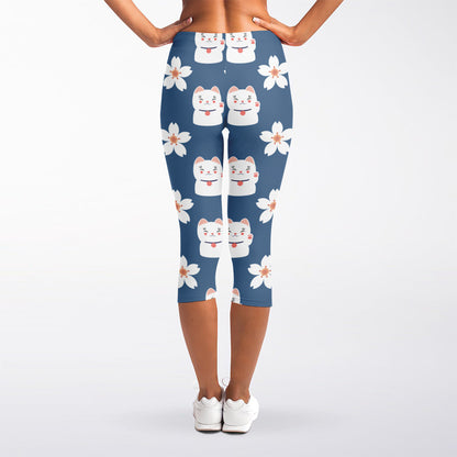 Japanese Lucky Cat And Sakura Print Women's Capri Leggings