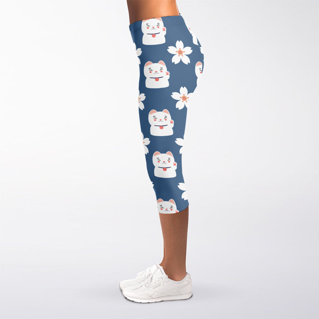 Japanese Lucky Cat And Sakura Print Women's Capri Leggings