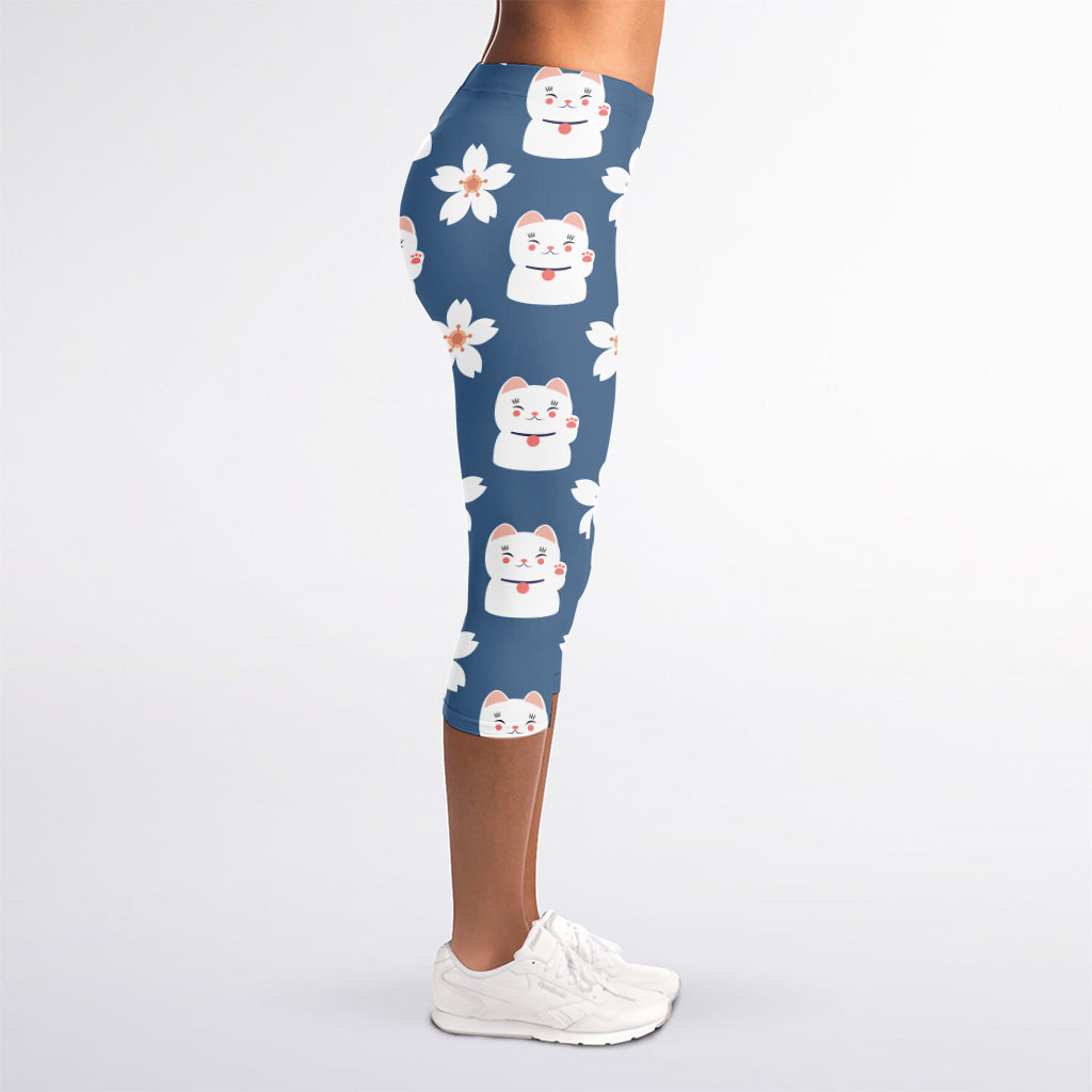 Japanese Lucky Cat And Sakura Print Women's Capri Leggings