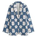 Japanese Lucky Cat And Sakura Print Women's Cotton Blazer