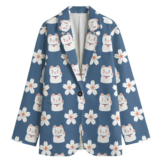 Japanese Lucky Cat And Sakura Print Women's Cotton Blazer