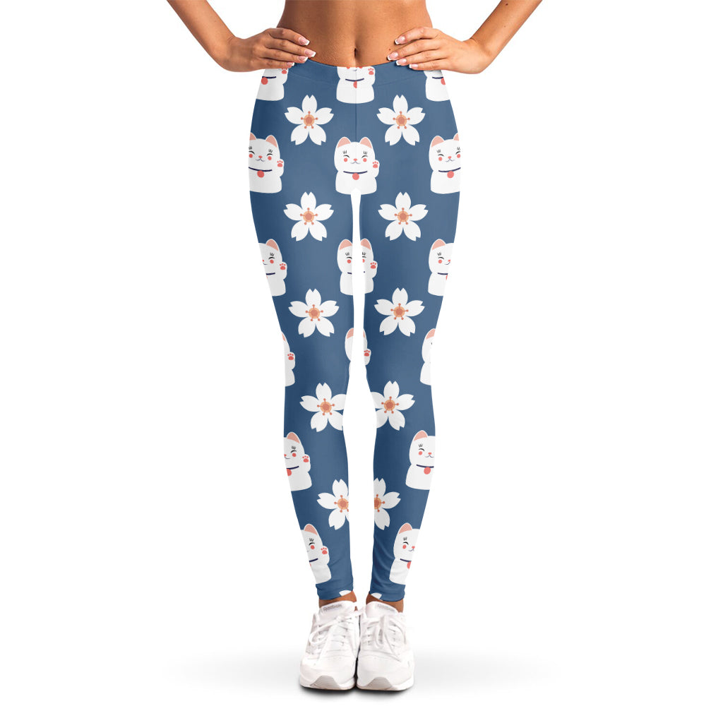 Japanese Lucky Cat And Sakura Print Women's Leggings