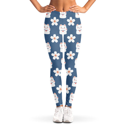 Japanese Lucky Cat And Sakura Print Women's Leggings