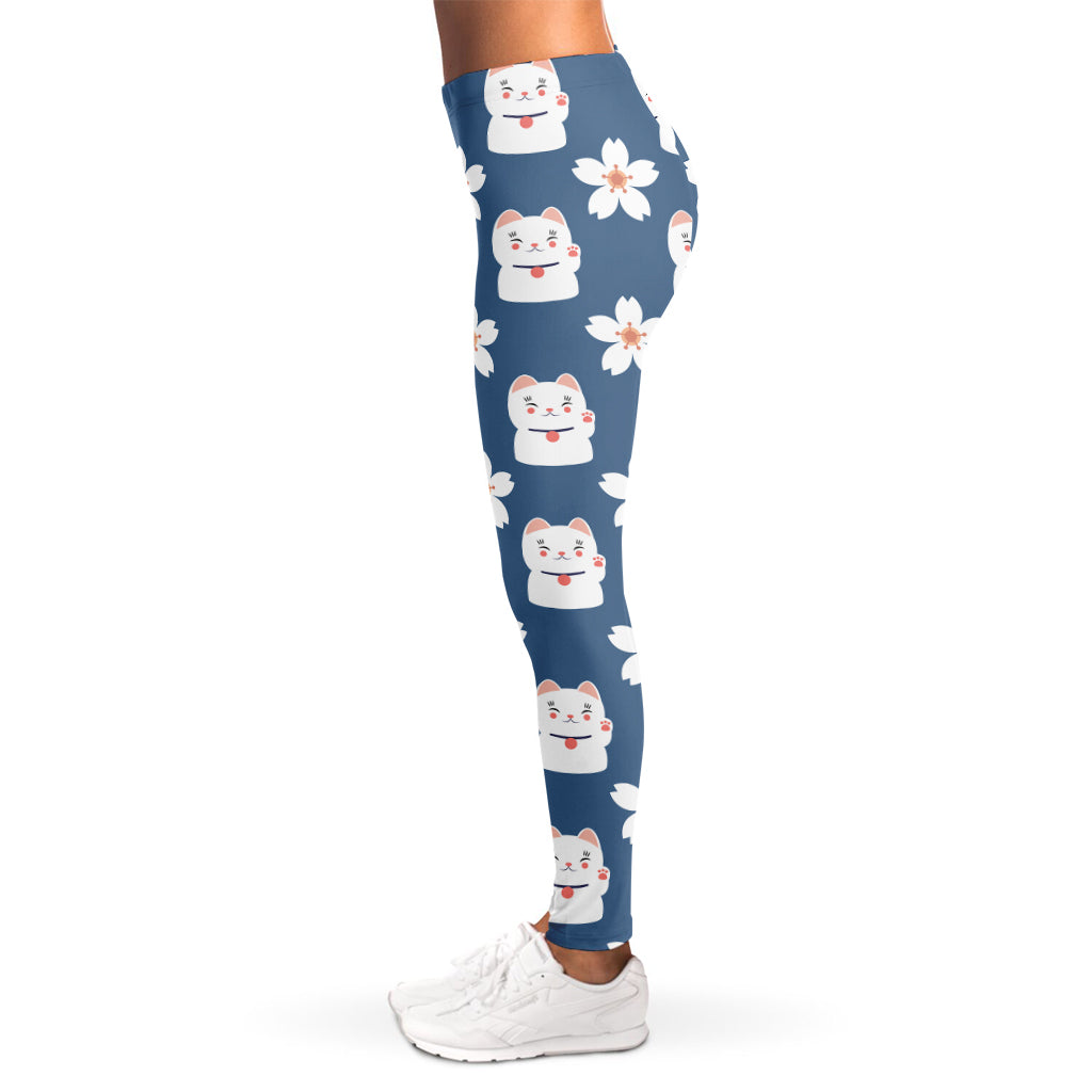 Japanese Lucky Cat And Sakura Print Women's Leggings