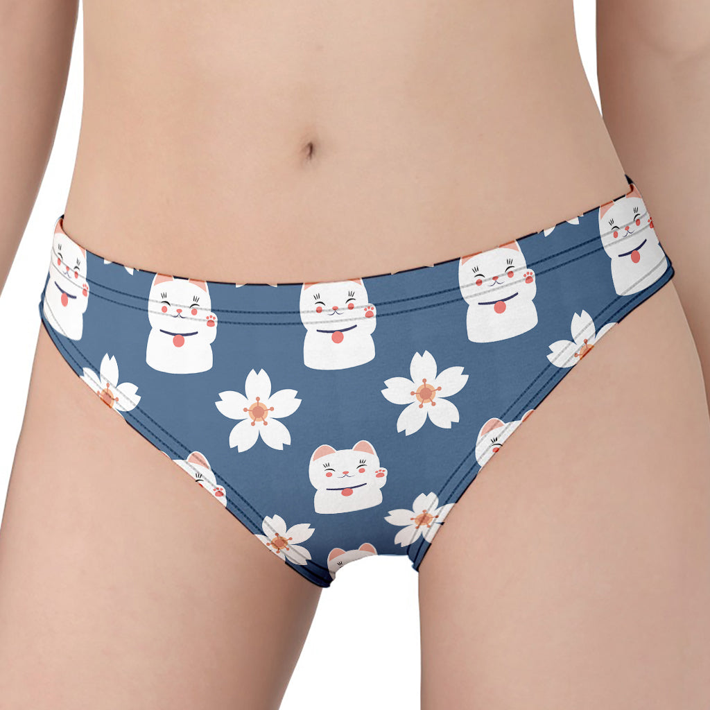 Japanese Lucky Cat And Sakura Print Women's Panties