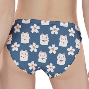 Japanese Lucky Cat And Sakura Print Women's Panties