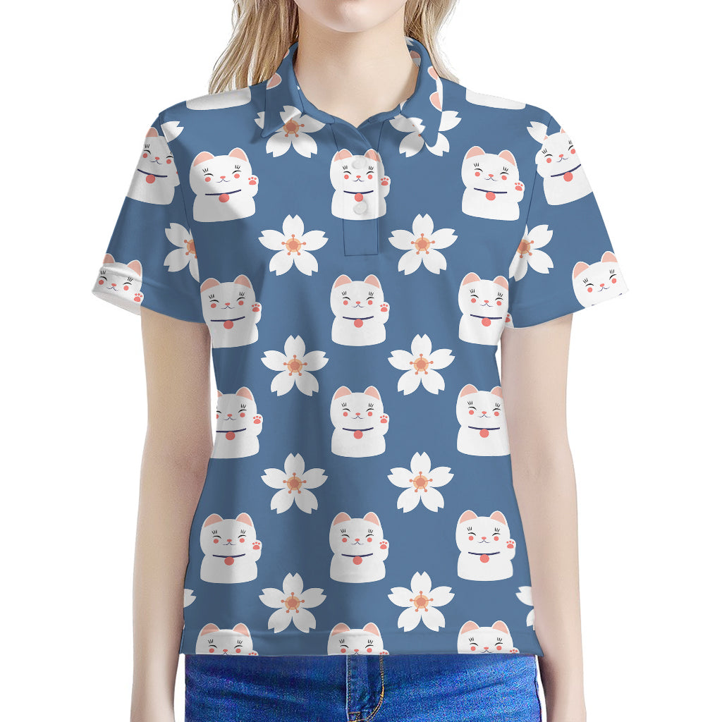 Japanese Lucky Cat And Sakura Print Women's Polo Shirt