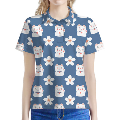 Japanese Lucky Cat And Sakura Print Women's Polo Shirt