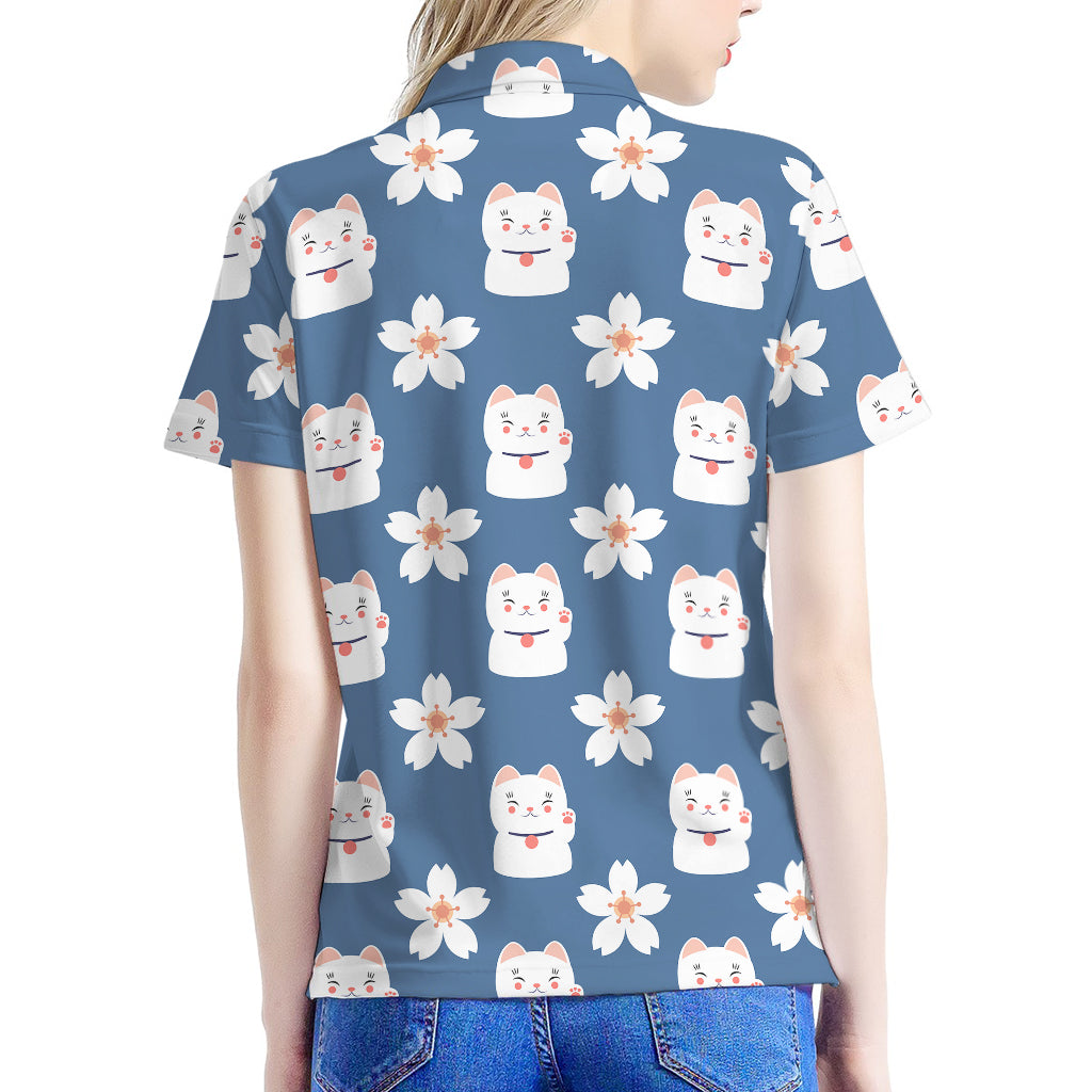 Japanese Lucky Cat And Sakura Print Women's Polo Shirt