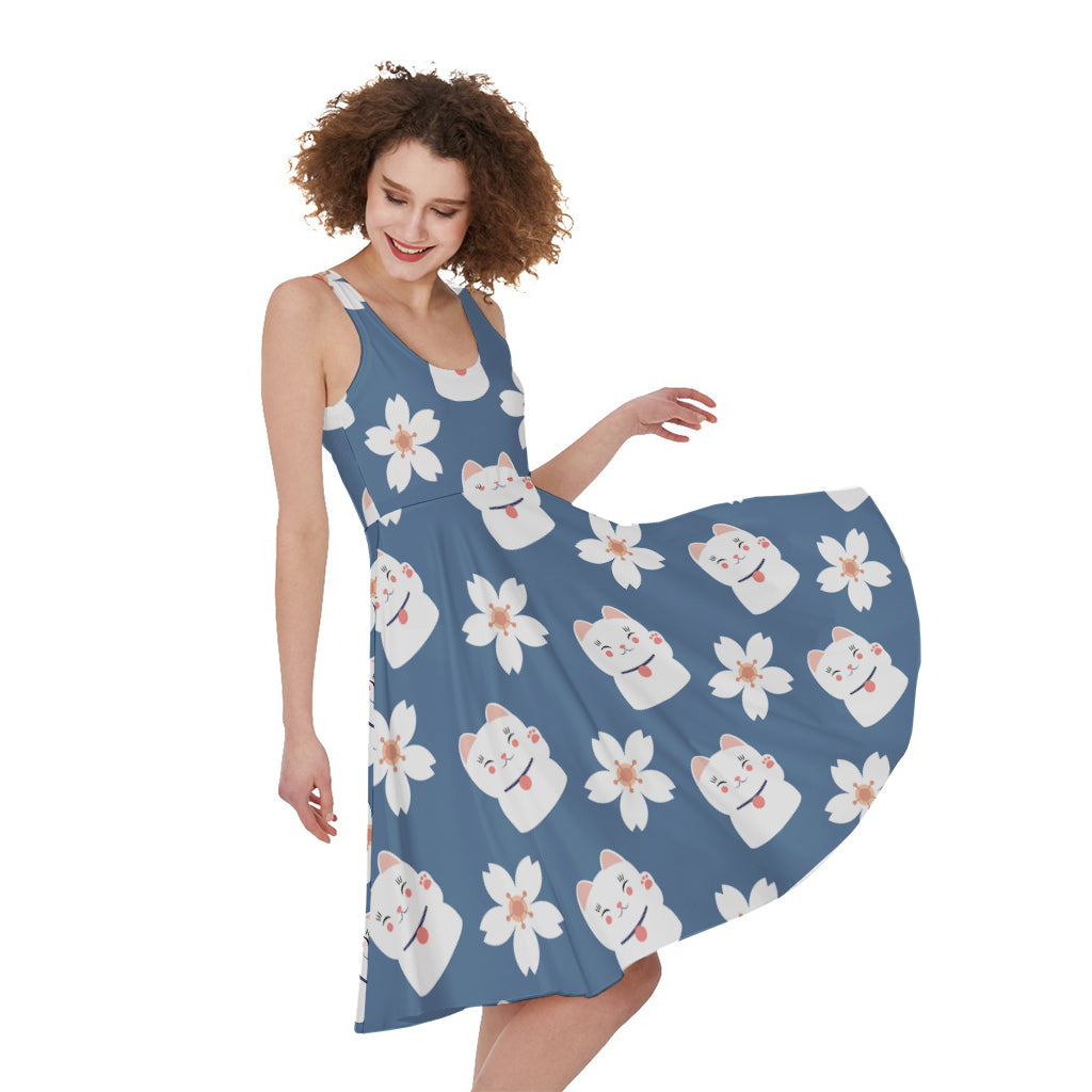 Japanese Lucky Cat And Sakura Print Women's Sleeveless Dress