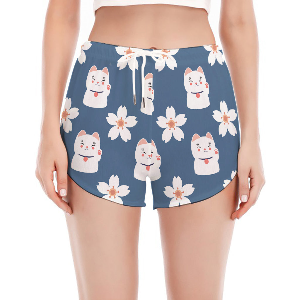 Japanese Lucky Cat And Sakura Print Women's Split Running Shorts