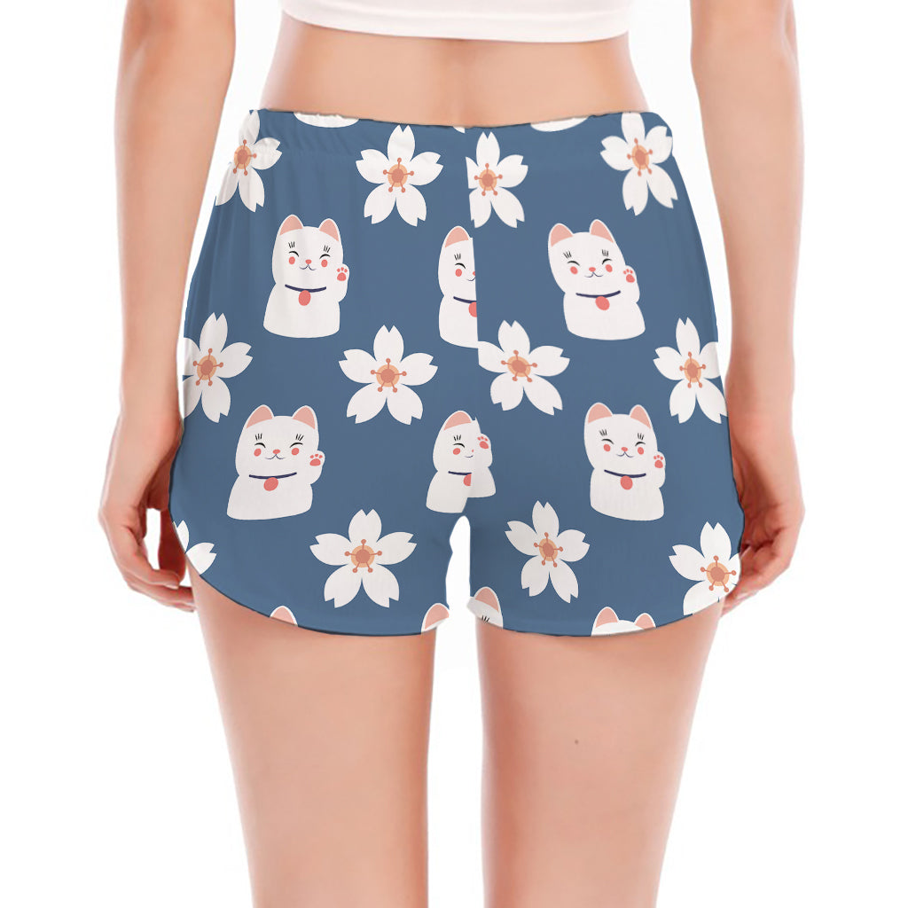 Japanese Lucky Cat And Sakura Print Women's Split Running Shorts