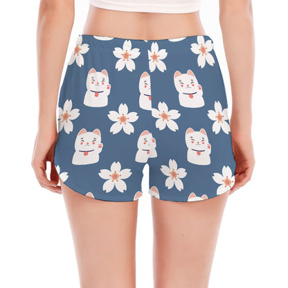 Japanese Lucky Cat And Sakura Print Women's Split Running Shorts