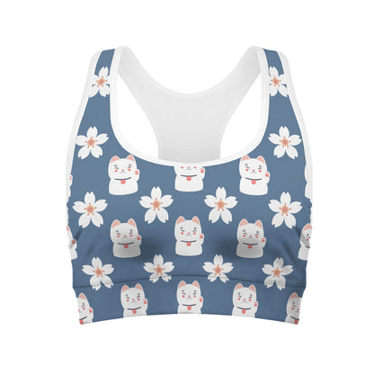 Japanese Lucky Cat And Sakura Print Women's Sports Bra