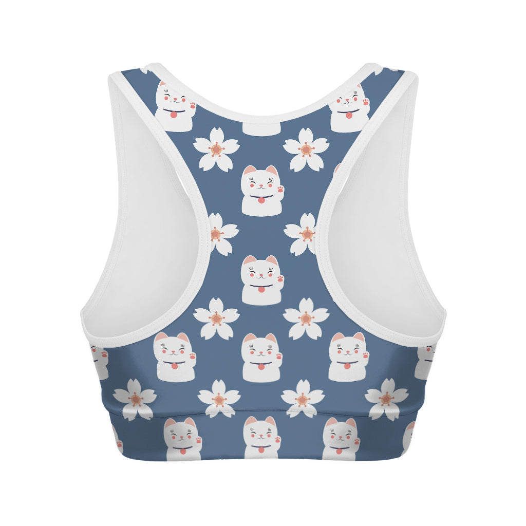 Japanese Lucky Cat And Sakura Print Women's Sports Bra