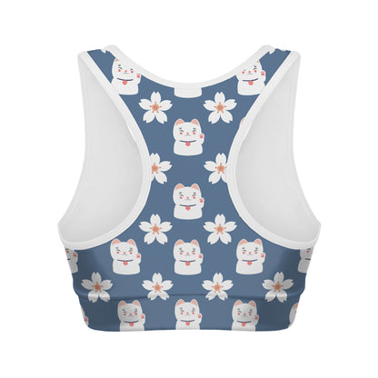 Japanese Lucky Cat And Sakura Print Women's Sports Bra