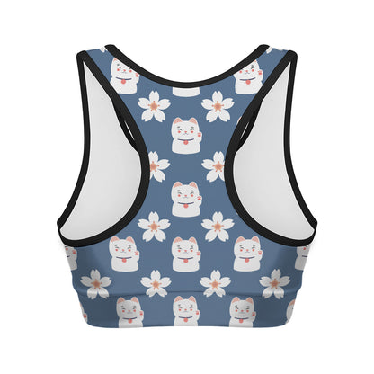 Japanese Lucky Cat And Sakura Print Women's Sports Bra
