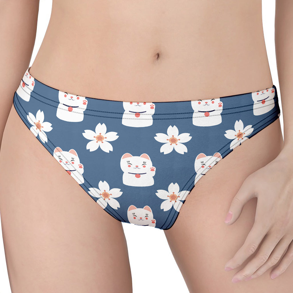 Japanese Lucky Cat And Sakura Print Women's Thong