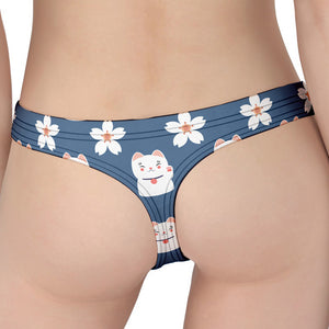 Japanese Lucky Cat And Sakura Print Women's Thong