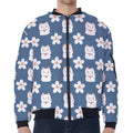 Japanese Lucky Cat And Sakura Print Zip Sleeve Bomber Jacket