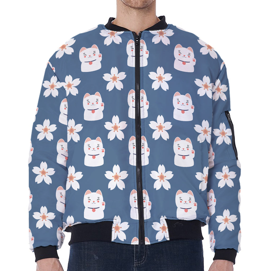 Japanese Lucky Cat And Sakura Print Zip Sleeve Bomber Jacket