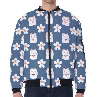 Japanese Lucky Cat And Sakura Print Zip Sleeve Bomber Jacket